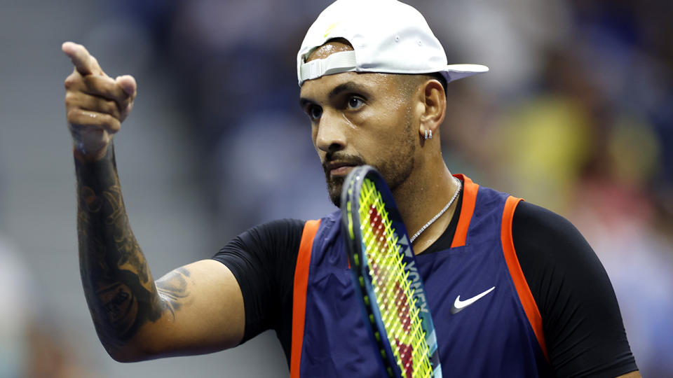 Nicvk Kyrgios points to the crowd at the US Open.