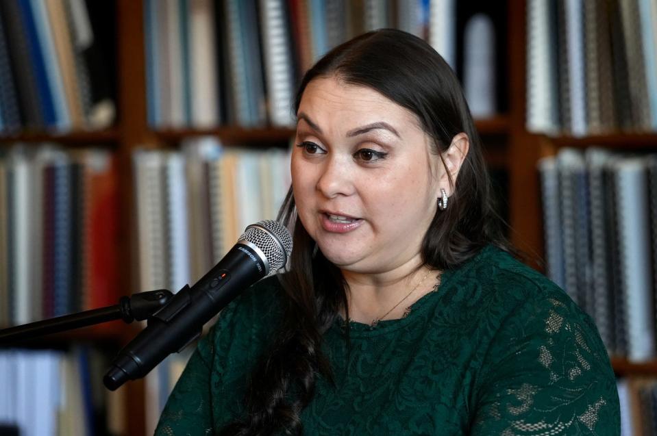 State Sen. Sandra Cano, chairwoman of the Senate Committee on Education, speaks at a gathering at the State House. Cano, a native of Colombia, is among several Rhode Island politicians who are immigrants.