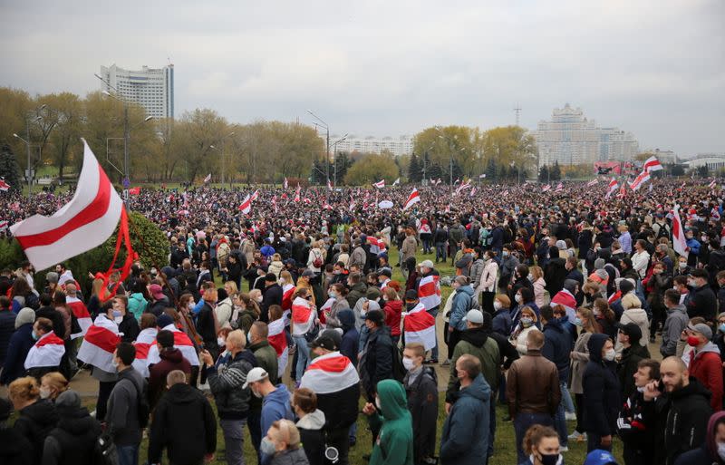 Belarusian opposition supporters hold a rally in Minsk