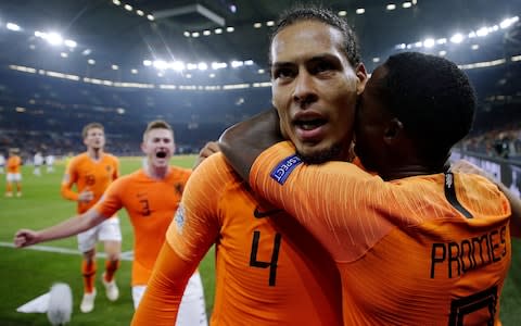 Virgil van Dijk of Holland celebrates 2-2 with Quincy Promes of Holland, Matthijs de Ligt of Holland - Credit: GETTY IMAGES