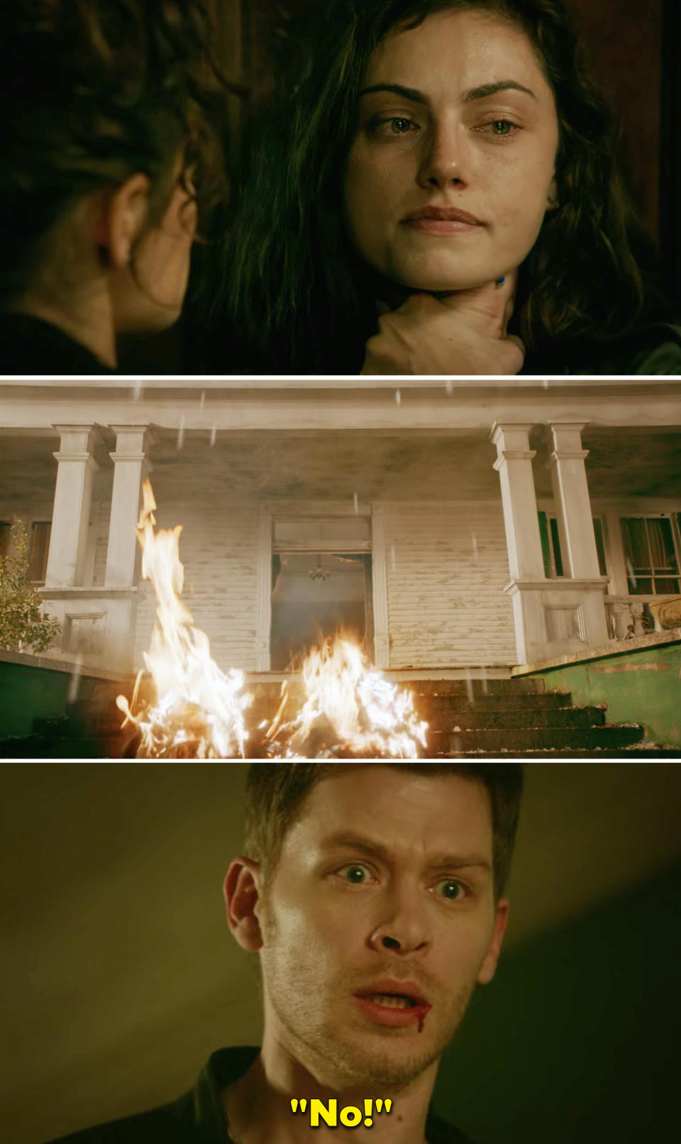Klaus saying, "No" after Hayley catches fire after leaping out the door and into the sunlight