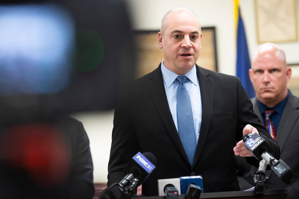 York County District Attorney Dave Sunday speaks during a press conference at the Hanover Borough Municipal Building on Wednesday, Oct. 11, 2023. Law enforcement officials announced the arrest of 37 individuals in Hanover and the surrounding areas as part of a years-long narcotics investigation.