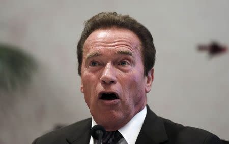 Actor and former Governor of California Arnold Schwarzenegger addresses the media during the 15th Delhi Sustainable Development Summit organised by The Energy and Resources Institute (TERI) in New Delhi February 5, 2015. REUTERS/Adnan Abidi