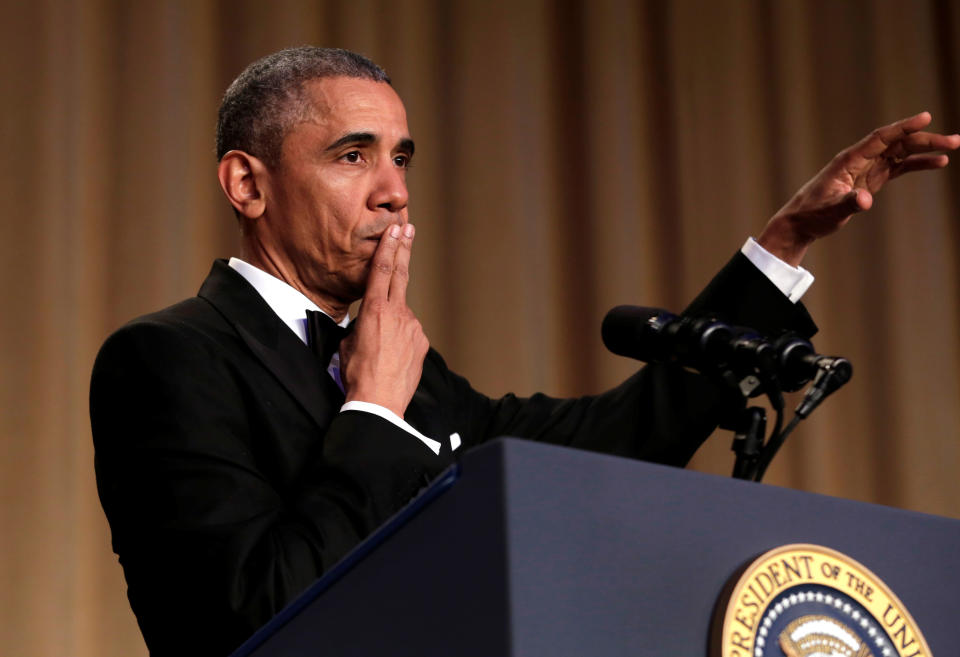 U.S. President Barack Obama says "Obama out!" at the White House Correspondents' Association annual dinner on April 30, 2016.