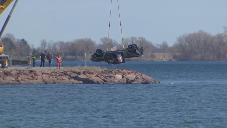 Authorities pulled this vehicle from the St. Lawrence River during the afternoon of Friday, April 29, 2022. Four army cadets from the Royal Military College died after the vehicle became submerged in the early hours of April 29.