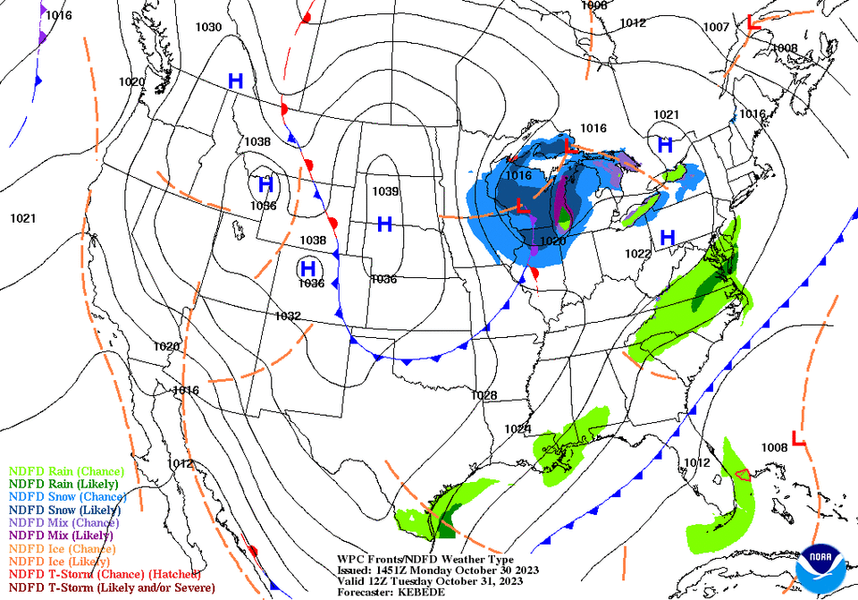 A National Weather Service forecast map, issued on Monday, Oct. 30, 2023, shows where snow and rain are most likely on Halloween. (Map: NOAA)