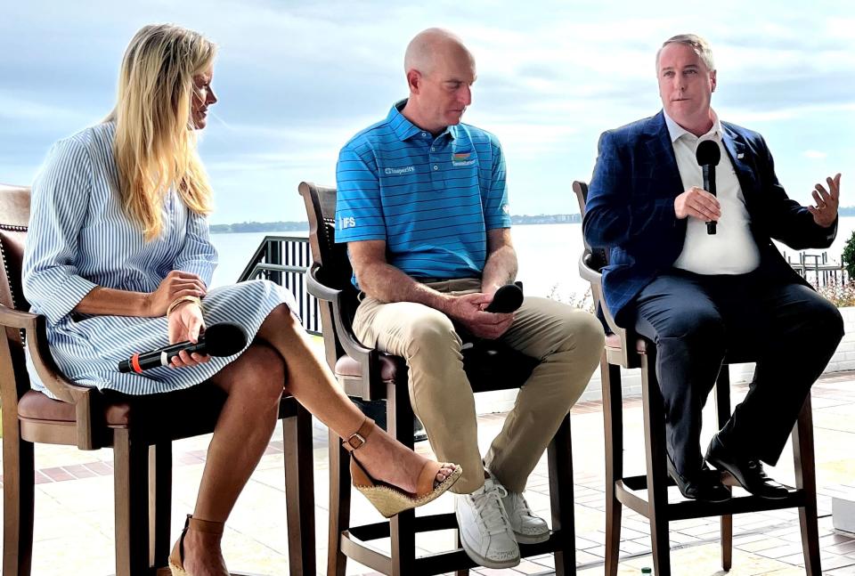 Constellation Energy executive vice-president and chief commerical officer Jim McHugh makes a point about his company's sponsorship of the Furyk & Friends PGA Tour Champions event during the tournament's media day on Monday at the Timuquana Country Club. Tournament host Jim Furyk (center) and his wife Tabitha (left) are the tournament hosts. The Furyk & Friends will be Oct. 7-9.