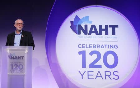 Jeremy Corbyn, the leader of Britain's opposition Labour Party speaks at the National Association of Head Teachers conference in Telford, April 30, 2017. REUTERS/Darren Staples