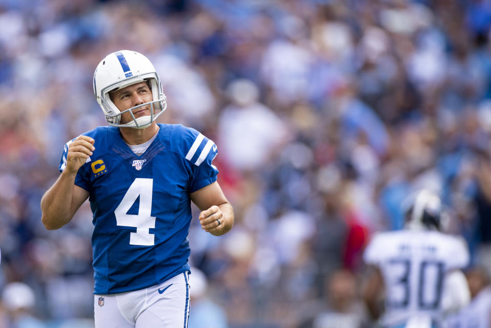 NASHVILLE, TN - SEPTEMBER 15:  Adam Vinatieri #4 of the Indianapolis Colts reacts to hitting the right upright and missing a point after try during the fourth quarter against the Tennessee Titans at Nissan Stadium on September 15, 2019 in Nashville, Tennessee. Indianapolis defeats Tennessee 19-17.  (Photo by Brett Carlsen/Getty Images)