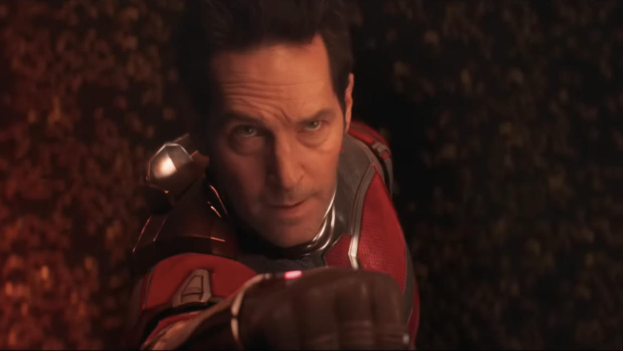  Paul Rudd aims at the camera with his fist in Ant-Man and the Wasp: Quantumania. 