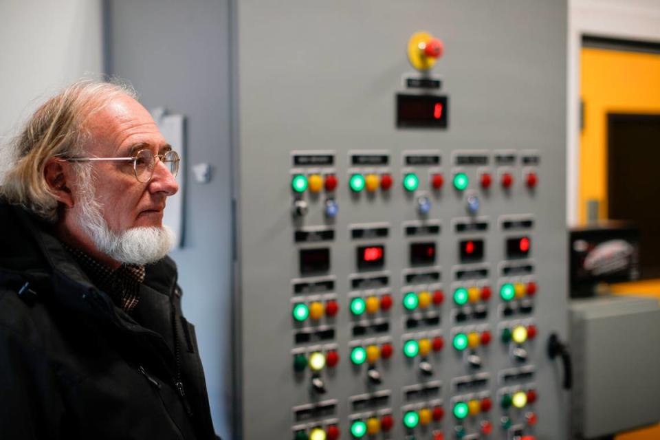 David Brown Kinloch, president of Appalachian Hydro Associates, in the control room of the plant at lock and dam No. 12 in Ravenna, Ky., Monday, November 15, 2021.