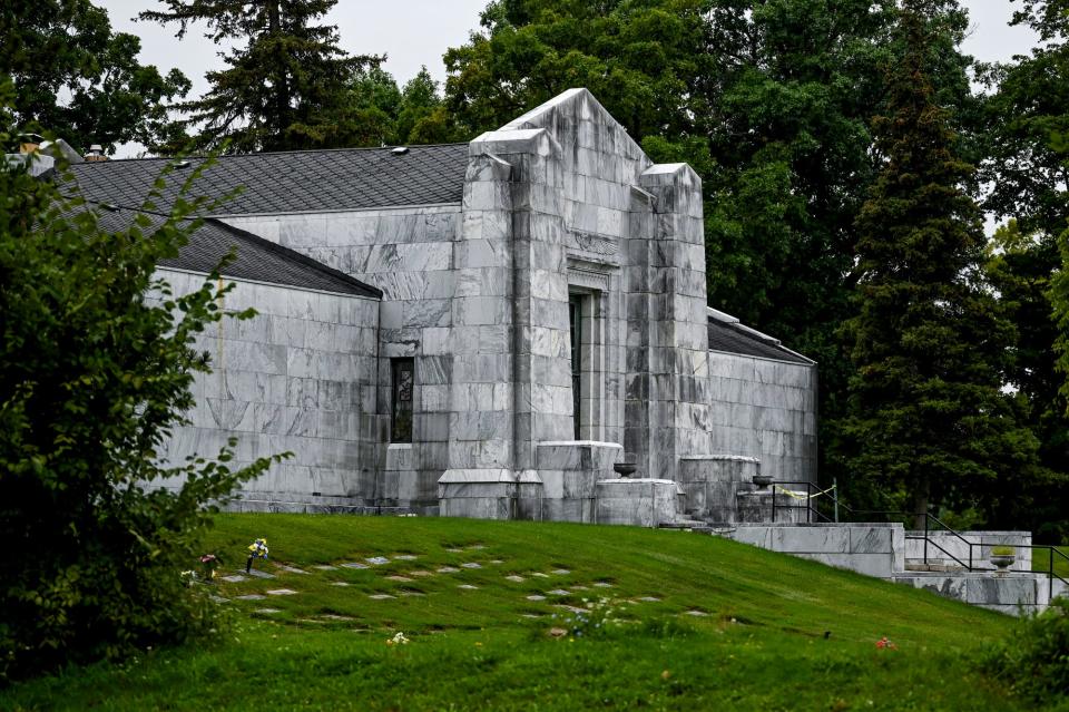 The 1920s-era mausoleum at DeepDale Memorial Gardens cemetery on Wednesday, Sept. 6, 2023, in Lansing.