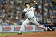 San Francisco Giants starting pitcher Blake Snell throws against the Tampa Bay Rays during the fourth inning of a baseball game Sunday, April 14, 2024, in St. Petersburg, Fla. (AP Photo/Mike Carlson)