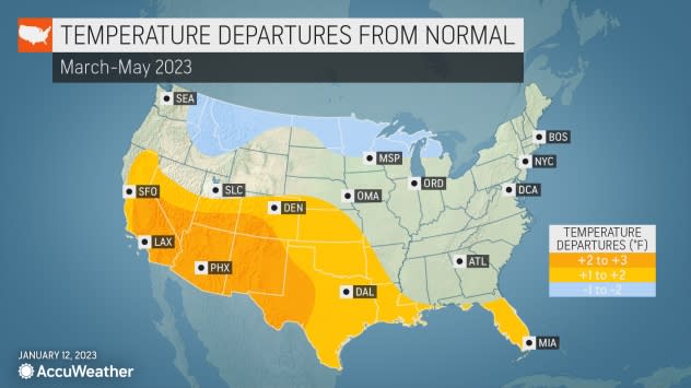 A temperature departure map for March to May from AccuWeather.