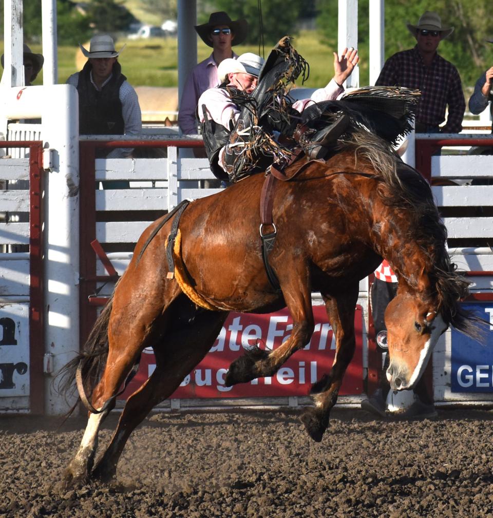 Nick Pelke of Mondovi, Wis., rides Fancy Streak during the 77th Sitting Bull Stampede in Mobridge last weekend. Pelke finished first in bareback riding, earning $2,075.