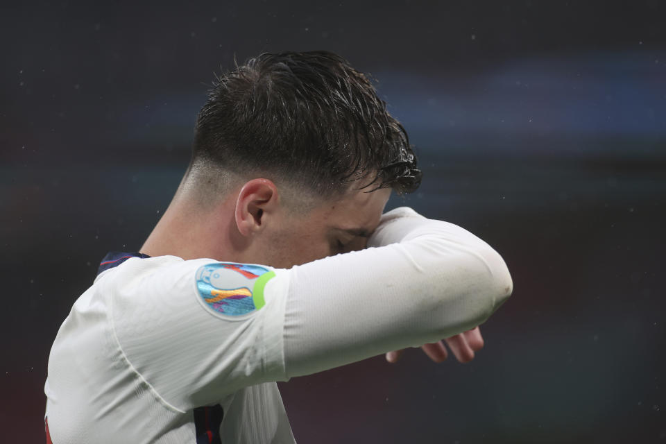 England's Mason Mount reacts during the Euro 2020 soccer championship group D match between England and Scotland at Wembley stadium in London, Friday, June 18, 2021. (Carl Recine/Pool Photo via AP)