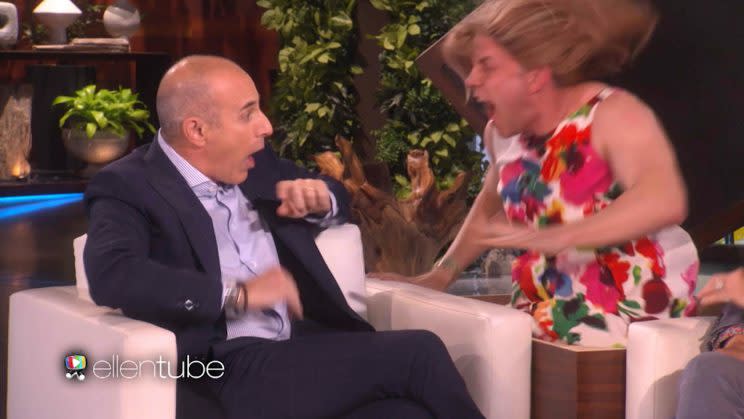 Ellen DeGeneres pranks Matt Lauer on <em>Ellen</em>, May 4. (Photo: The Ellen DeGeneres Show, NBC)