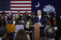 Democratic presidential candidate former South Bend, Ind., Mayor Pete Buttigieg speaks during a campaign event, Monday, Feb. 24, 2020, in North Charleston, S.C. (AP Photo/Matt Rourke)