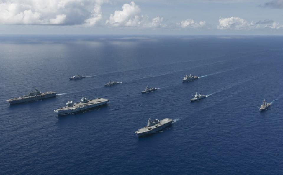 The UK Carrier Strike Group’s warships led by aircraft carrier HMS Queen Elizabeth as they work with the USS America-led United States Expeditionary Strike Group 7 and two ships from Japan’s Maritime Self Defence Force (LPhot Dan Rosenbaum/PA) (PA Media)