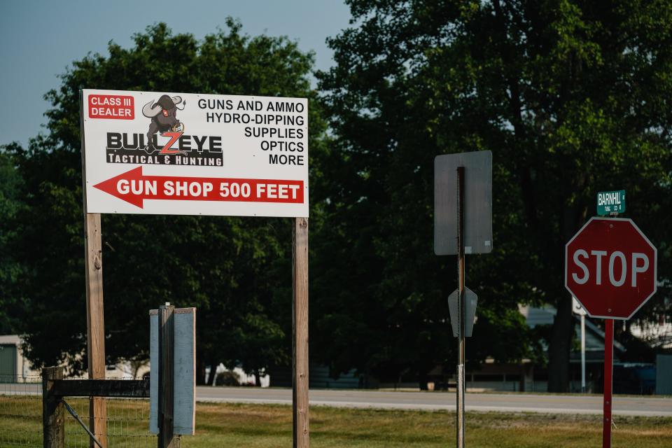 The Bullzeye Tactical and Hunting sign is at the intersection of Barnhill Road SE and Depot Street Extended SE off state Route 39 in Roswell.