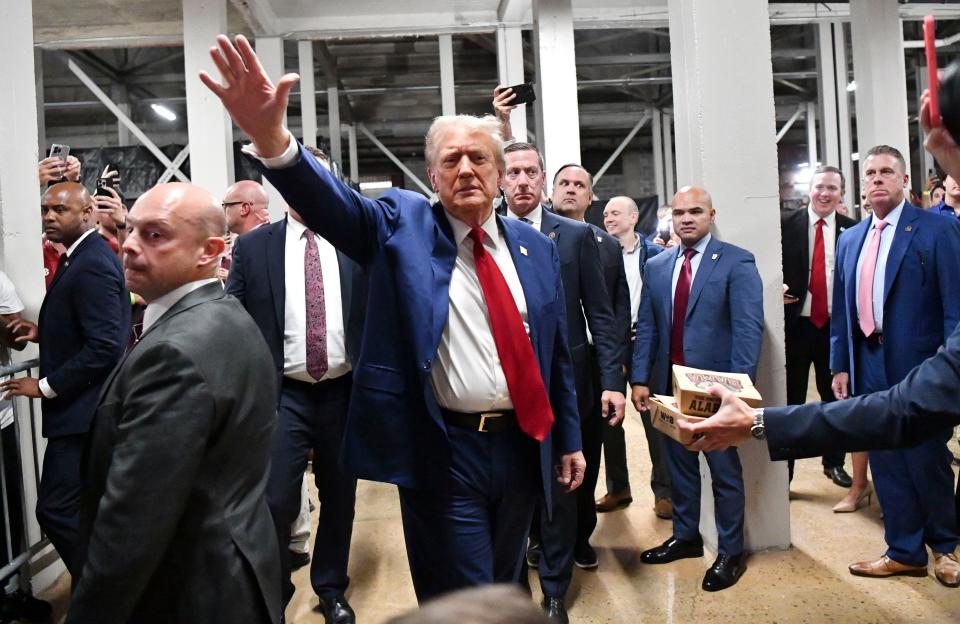 September 28, 2024; Tuscaloosa, Alabama, USA; Former President and current Republican presidential candidate Donald J. Trump visits Bryant-Denny Stadium for the Alabama-Georgia football game. Mandatory attribution: Gary Cosby Jr.-Imagn Images