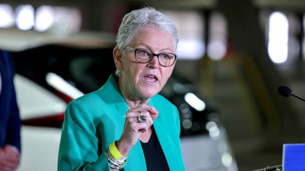 PHOTO: White House Climate Advisor Gina McCarthy holds a news conference in the parking garage at Union Station in front of new EV charging stations in Washington, D.C., April 22, 2021.  (Evelyn Hockstein/Reuters, FILE)