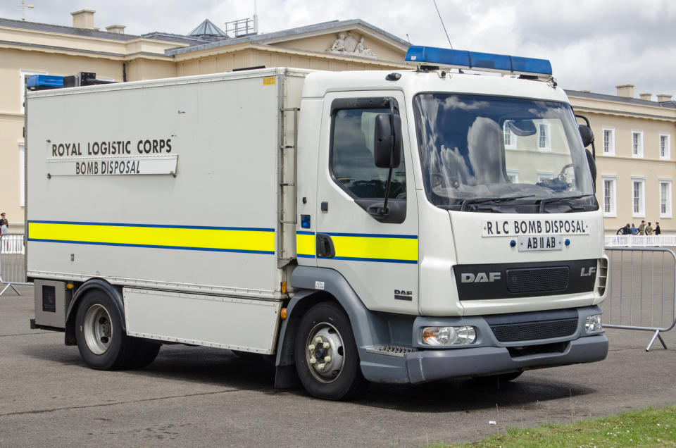 Sandhurst, Berkshire, UK - June 16, 2019: Lorry belonging to the Bomb Disposal Team of the Royal Logistic Corps parked on display at Sandhurst Military Academy, Berkshire. The team disploses of explosives and potential threats across England.