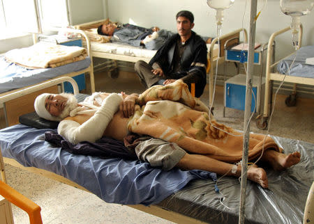 An Afghan man receives treatment at a hospital after an air strike in Kunduz province, Afghanistan October 4, 2017. REUTERS/Nasir Wakif