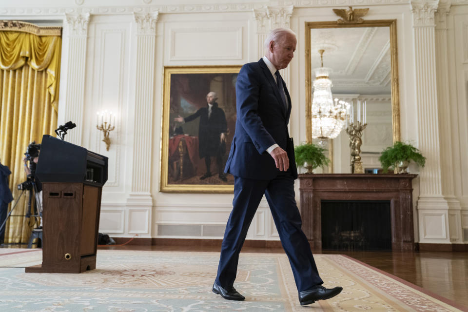 FILE - In this Aug. 26, 2021, file photo President Joe Biden walks off after speaking about the bombings at the Kabul airport that killed at least 12 U.S. service members, from the East Room of the White House in Washington. The need for crisis-driven leadership comes to all U.S. presidents. Now, on several fronts at once, it has come to President Joe Biden. As the president who is ending America's longest war, in Afghanistan, he will be judged by history for how he did it. (AP Photo/Evan Vucci, File)