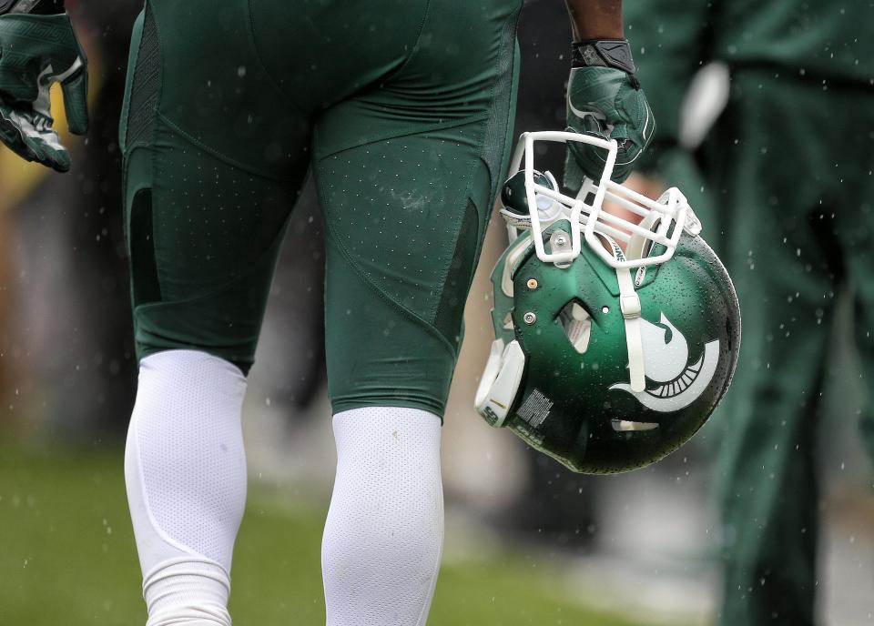 Oct 3, 2015; East Lansing, MI, USA; General view of Michigan State Spartans helmet during the 1st quarter of a game against the Purdue Boilermakers at Spartan Stadium. Mandatory Credit: Mike Carter-USA TODAY Sports