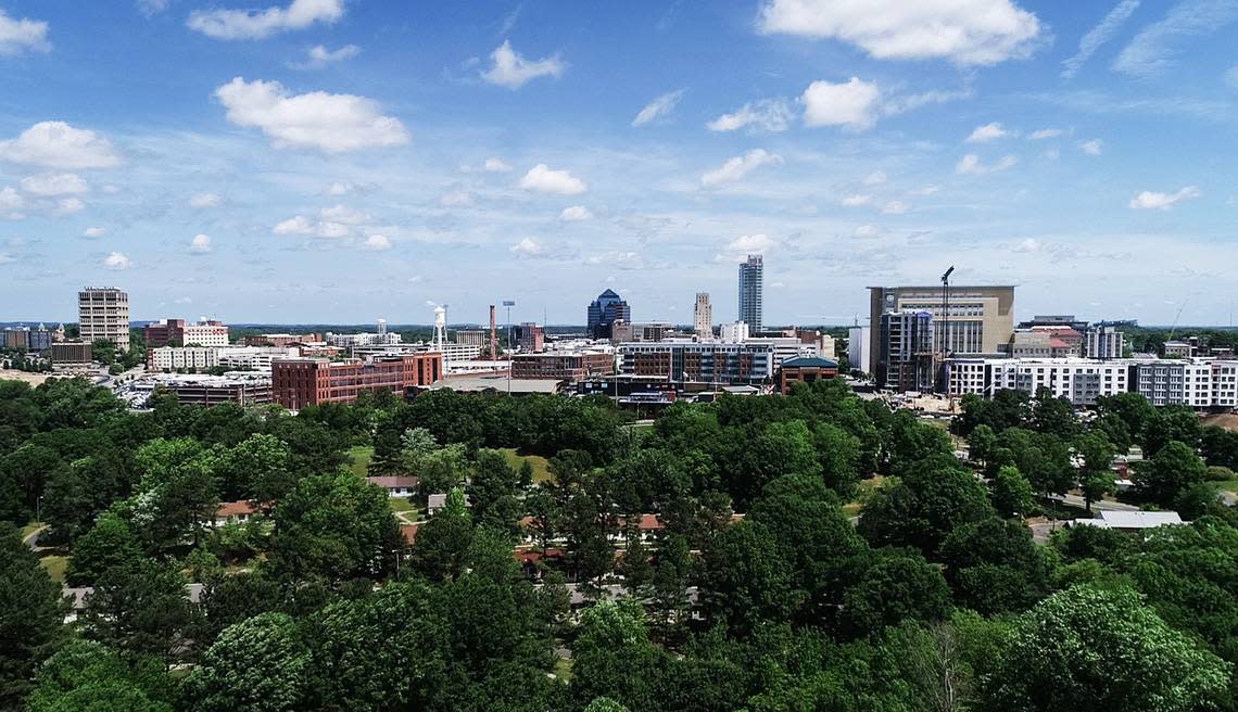 The skyline of Durham, N.C., photographed in 2018.