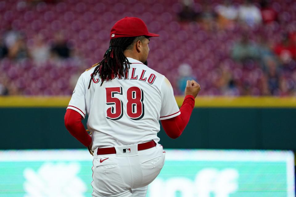 Cincinnati Reds starting pitcher Luis Castillo (58) pumps his fist after striking out the last batter during the seventh inning of a baseball game against the Miami Marlins, Wednesday, July 27, 2022, at Great American Ball Park in Cincinnati. 