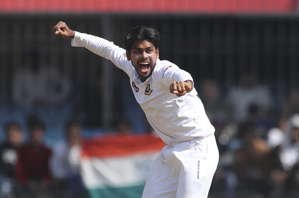 Bangladesh's Mehidy Hasan celebrates before asking for the review of India's Mayank Agarwal's wicket during the second day of first cricket test match between India and Bangladesh in Indore, India, Friday, Nov. 15, 2019. (AP Photo/Aijaz Rahi)