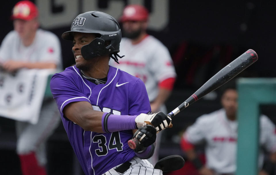 FILE - Grand Canyon's Homer Bush Jr. bats during the team's NCAA college baseball game against New Mexico on March 14, 2023, in Phoenix. Bush — whose dad played in the big leagues for seven seasons for the Blue Jays, Yankees and Marlins — said baseball is doing a better job of being social media savvy. The outfielder just finished his junior season in college at Grand Canyon. (AP Photo/Rick Scuteri, File)