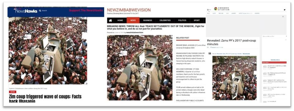 <span>Screenshots showing 2017 Zimbabwean media reports, taken on June 27, 2024 </span>