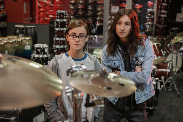 <p>Scott Patrick Green/Netflix</p> Jaeden Martell and Adrian Greensmith in 'Metal Lords,' 2022