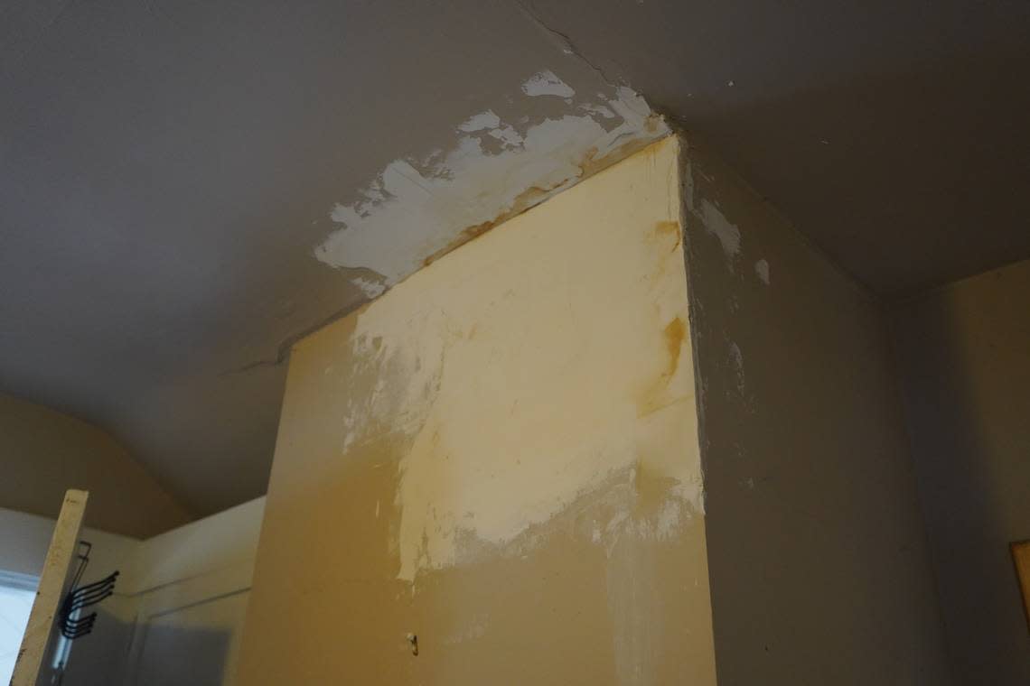 A wall with water damage has been painted over at the rental unit at 1210 Ellis Street on Sept. 27, 2023, in Bellingham, Wash. The home was found to have 12 code violations after an inspection was conducted by the City of Bellingham.