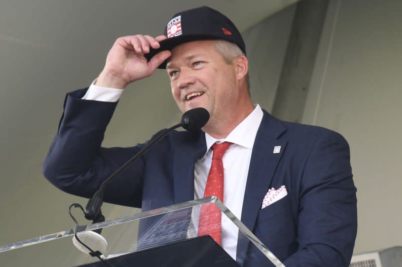 New National Baseball Hall of Fame member Scott Rolen speaks at his induction ceremony Sunday in Cooperstown, N.Y. Photo by George Napolitano/UPI