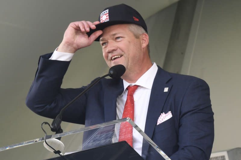 New National Baseball Hall of Fame member Scott Rolen speaks at his induction ceremony Sunday in Cooperstown, NY Photo by George Napolitano/UPI