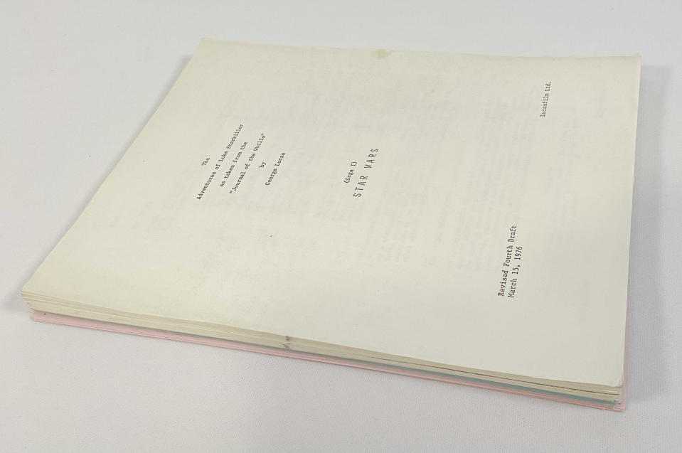 Harrison Fordâ€™s original Star Wars script from 1976 is expected to fetch up to Â£12K at auction. Release date January 24 2024. See SWNS story SWMRstarwars. Harrison Fordâ€™s original Star Wars script from 1976 is to be auctioned after he left it in the London flat he lived in whilst making the iconic movie. The revised fourth draft of the franchiseâ€™s first instalment bears its original title â€˜The Adventures of Luke Starkiller'  now better known as â€˜Episode IV: A New Hopeâ€™. The never-seen-before piece of Jedi history was used by the Hollywood actor, who portrayed the iconic Han Solo for the first time.  (Excalibur Auctions / SWNS)