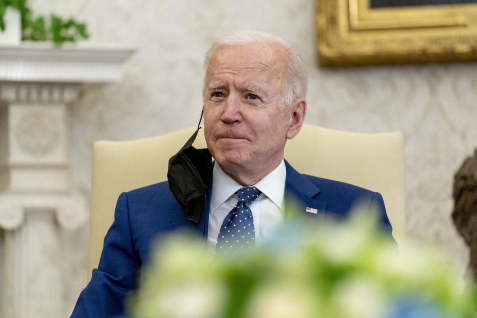 President Joe Biden pauses while speaking during a meeting with members of the Congressional Asian Pacific American Caucus Executive Committee at the White House in Washington, Thursday, April 15, 2021. (AP Photo/Andrew Harnik)