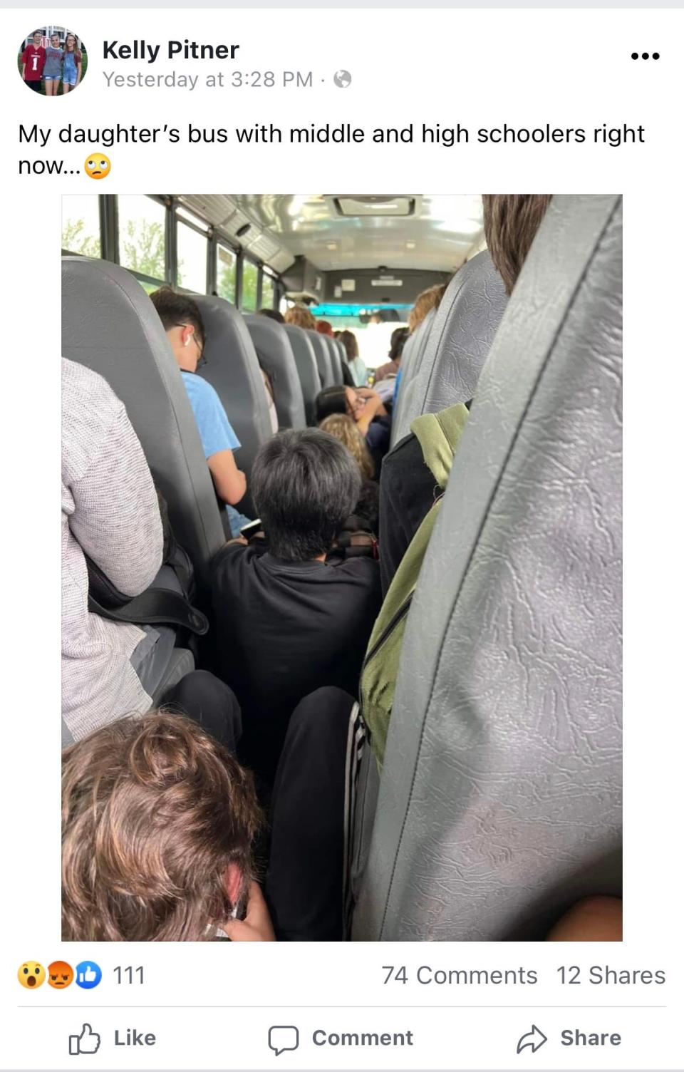 A Facebook post from Monroe County Community School Corp. parent Kelly Pitner shows her daughter's crowded school bus, with several children sitting on the floor.