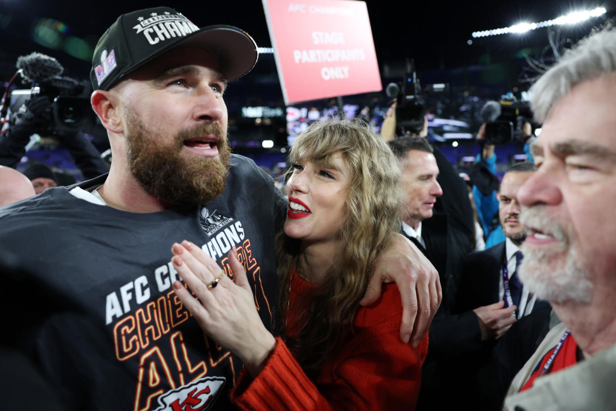 BALTIMORE, MARYLAND - JANUARY 28: Travis Kelce #87 of the Kansas City Chiefs celebrates with Taylor Swift after a 17-10 victory against the Baltimore Ravens in the AFC Championship Game at M&T Bank Stadium on January 28, 2024 in Baltimore, Maryland. (Photo by Patrick Smith/Getty Images)