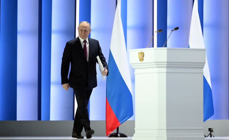 FILE PHOTO: Russian President Putin delivers his annual address to the Federal Assembly in Moscow
