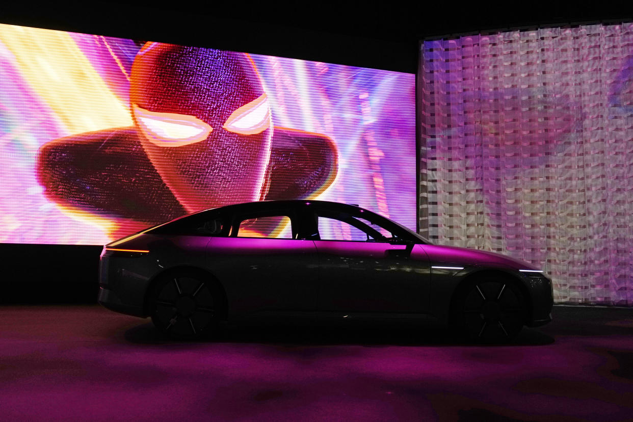 The electric vehicle prototype car Afeela, a joint venture between Sony and Honda, is on display during a Sony news conference before the start of the CES tech show Wednesday, Jan. 4, 2023, in Las Vegas. (AP Photo/John Locher)