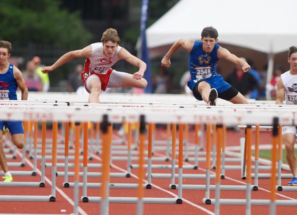 Silverton's Sawyer Francis, left, and Whiteface's Caden Timmons compete in the 110-meter hurdles during the Class 1A UIL State track and field meet, Saturday, May 4, 2024, at Mike A. Myers Stadium in Austin.