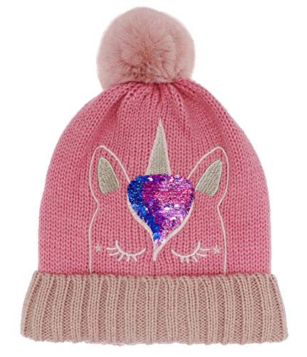 Little Girls Winter Sequin Unicorn Beanie Hat with Pom Pom Knit Cap for Kids Baby Toddler Pink