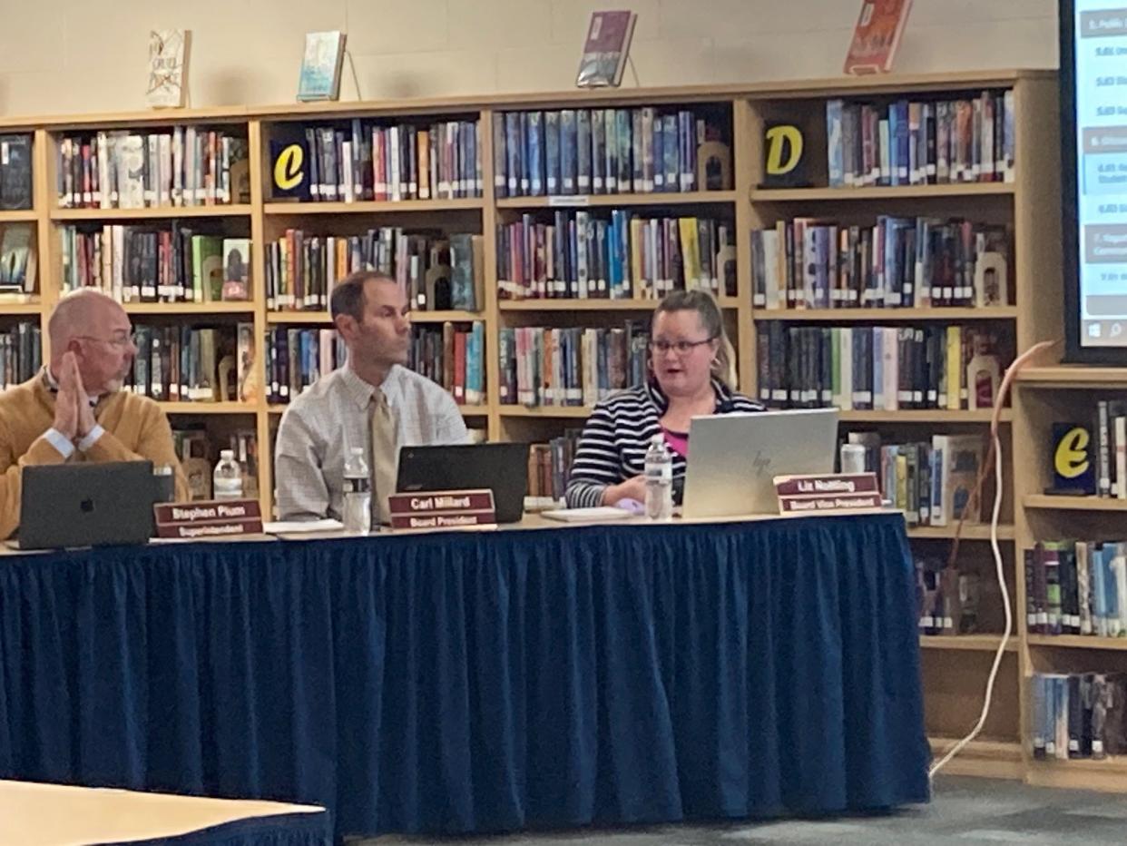 Kettle Moraine School Board member Liz Nottling speaks about the district's name change policy at the board's March 12 meeting. The board approved the policy 6-1 that would, in part, require parental permission for staff to use a student's name that's different than their sex at birth.