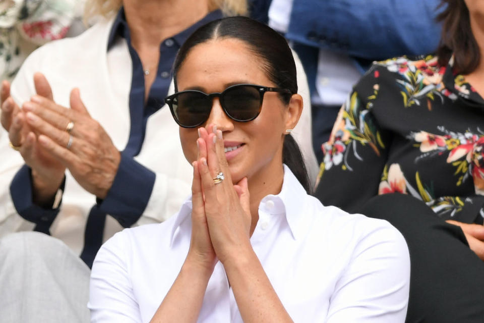 Meghan, Duchess of Sussex wearing Le Specs Bandwagon sunglasses. (Photo by Karwai Tang/Getty Images)