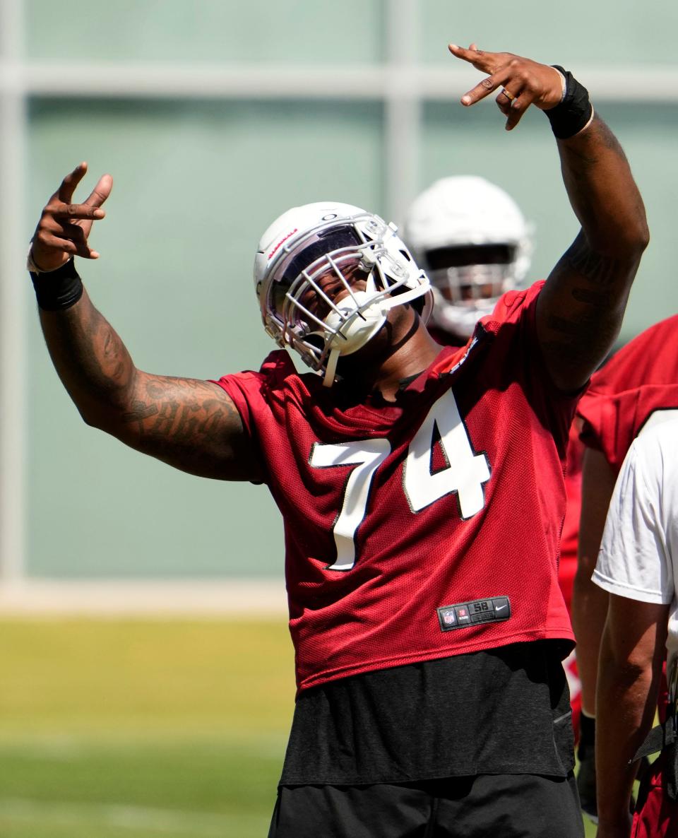 Arizona Cardinals offensive tackle D.J. Humphries (74) during minicamp at the Cardinals Dignity Health Training Center in Tempe on June 14, 2023.